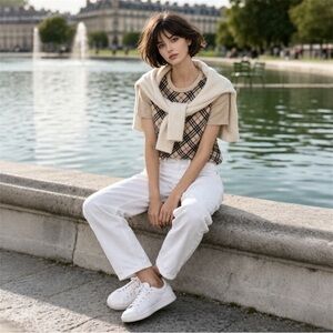 BURBERRY Beige and Black Plaid Short Sleeve Knit Top